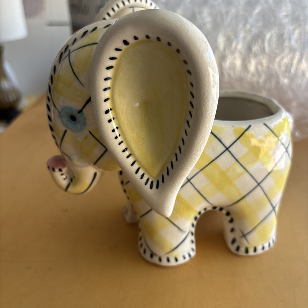 Vintage Napco Yellow Plaid Baby Elephant Planter 5.5" Kitschy Decor Japan